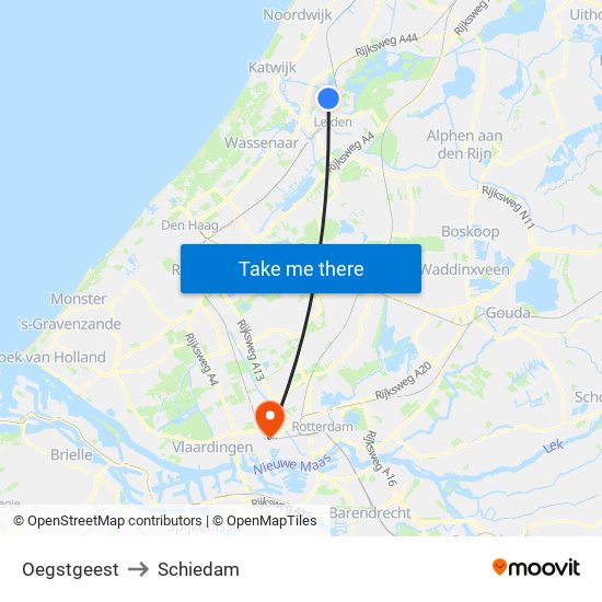 Oegstgeest to Schiedam map