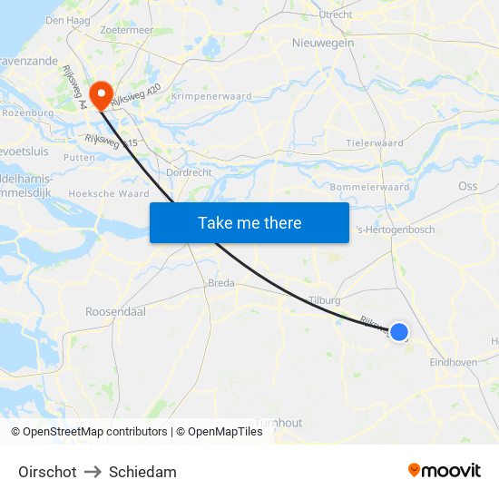 Oirschot to Schiedam map