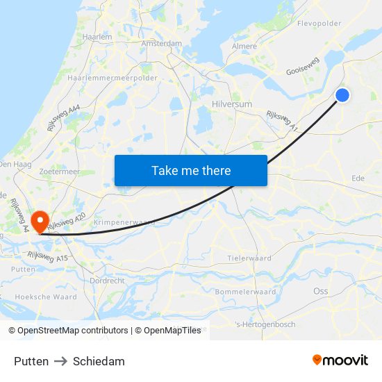 Putten to Schiedam map