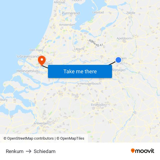 Renkum to Schiedam map