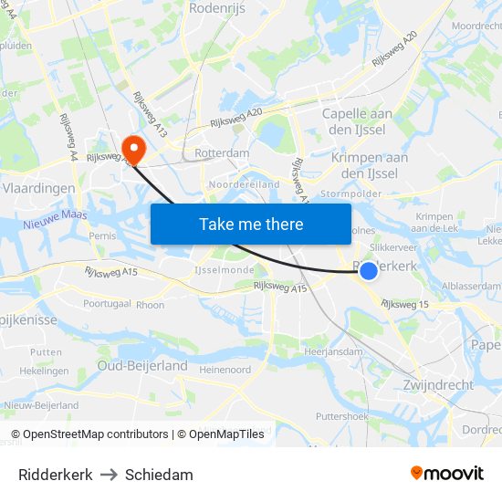 Ridderkerk to Schiedam map