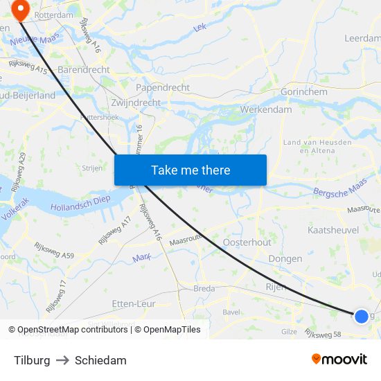 Tilburg to Schiedam map