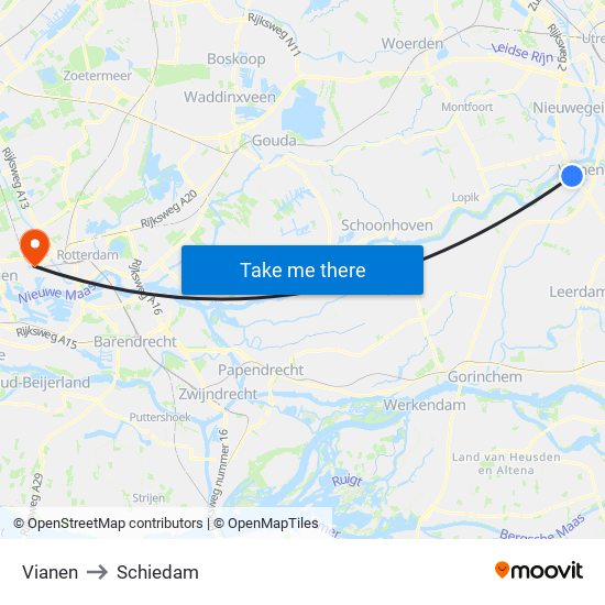 Vianen to Schiedam map