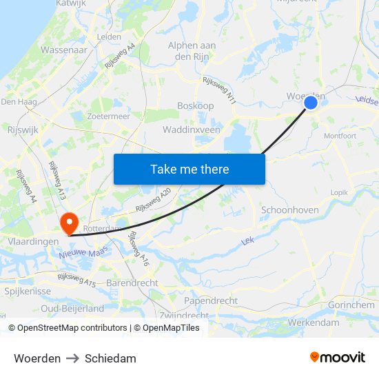 Woerden to Schiedam map