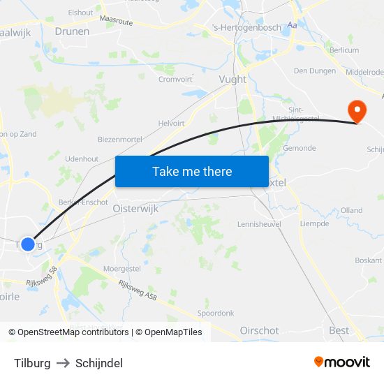 Tilburg to Schijndel map