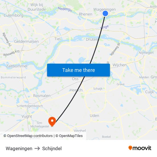 Wageningen to Schijndel map