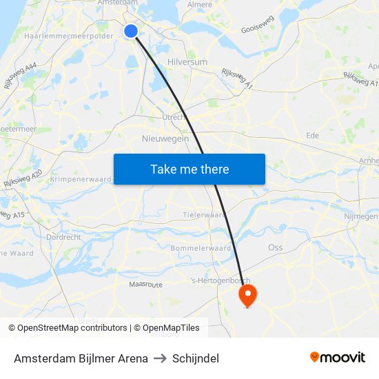 Amsterdam Bijlmer Arena to Schijndel map