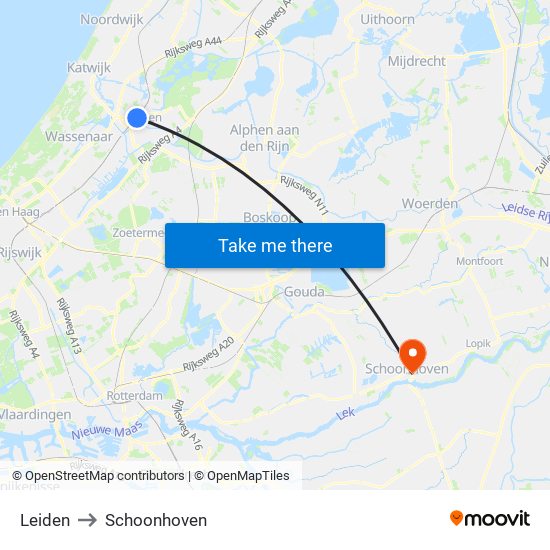 Leiden to Schoonhoven map