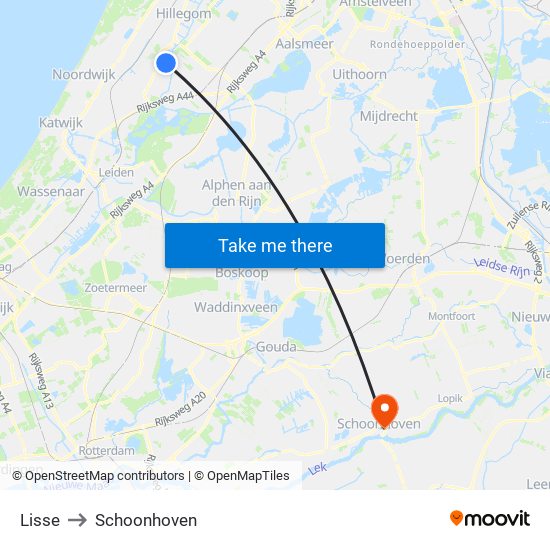 Lisse to Schoonhoven map