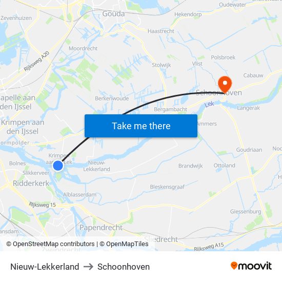 Nieuw-Lekkerland to Schoonhoven map