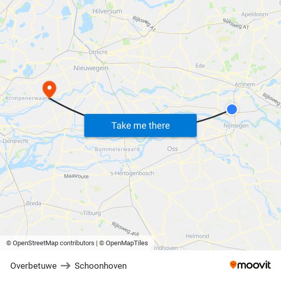 Overbetuwe to Schoonhoven map