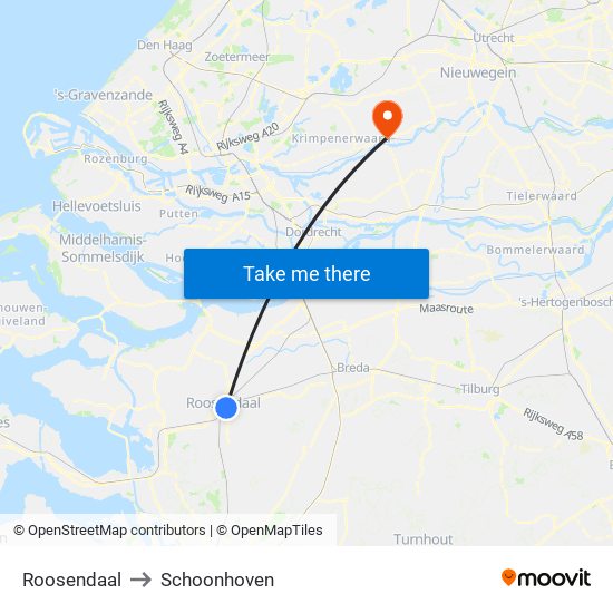 Roosendaal to Schoonhoven map