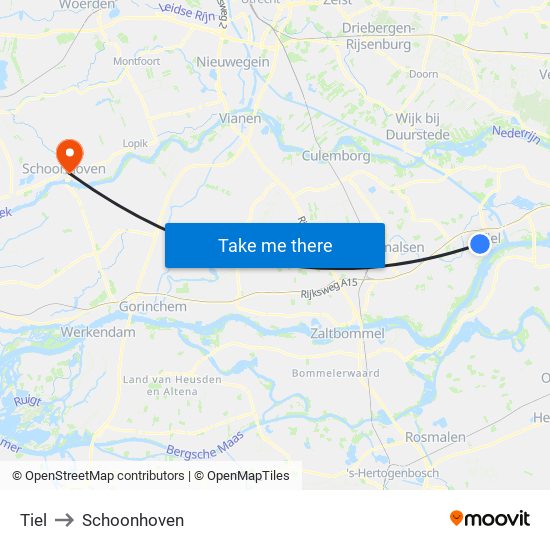 Tiel to Schoonhoven map