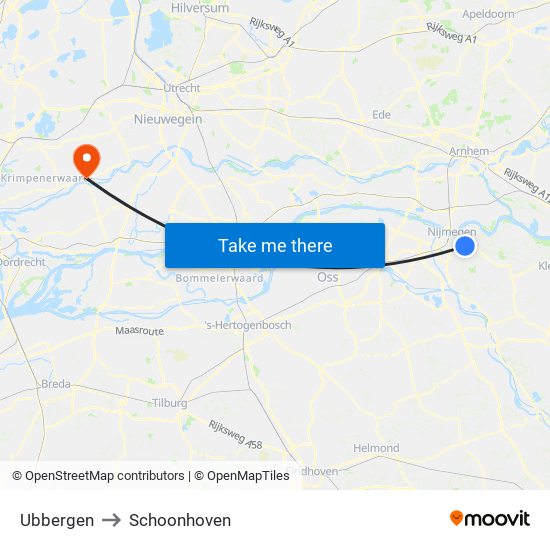 Ubbergen to Schoonhoven map