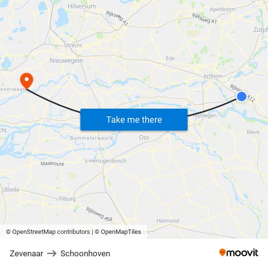 Zevenaar to Schoonhoven map