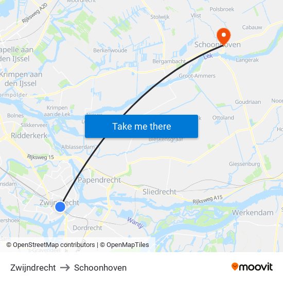 Zwijndrecht to Schoonhoven map