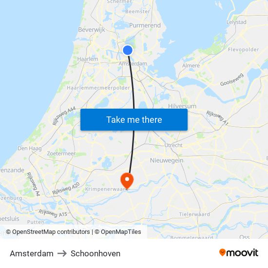 Amsterdam to Schoonhoven map