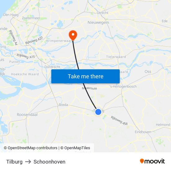 Tilburg to Schoonhoven map