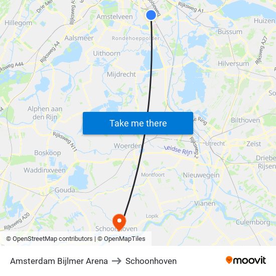 Amsterdam Bijlmer Arena to Schoonhoven map