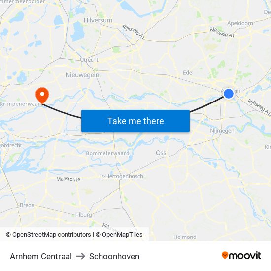 Arnhem Centraal to Schoonhoven map