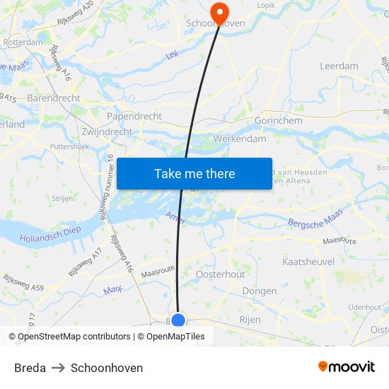 Breda to Schoonhoven map