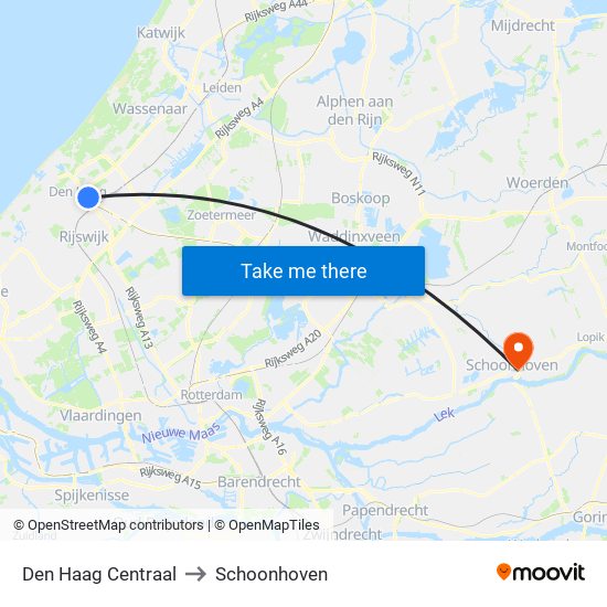 Den Haag Centraal to Schoonhoven map