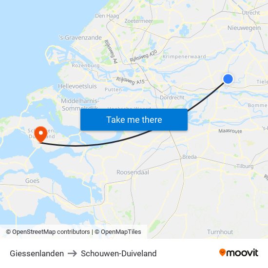 Giessenlanden to Schouwen-Duiveland map