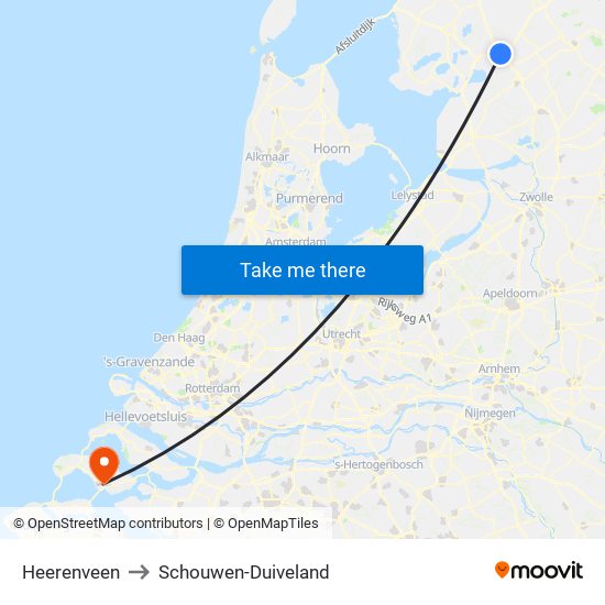 Heerenveen to Schouwen-Duiveland map