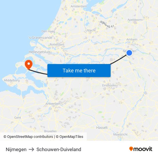 Nijmegen to Schouwen-Duiveland map