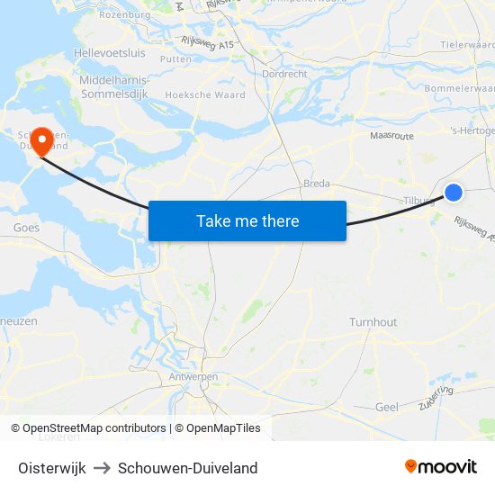 Oisterwijk to Schouwen-Duiveland map