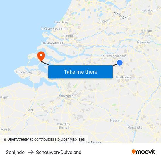 Schijndel to Schouwen-Duiveland map