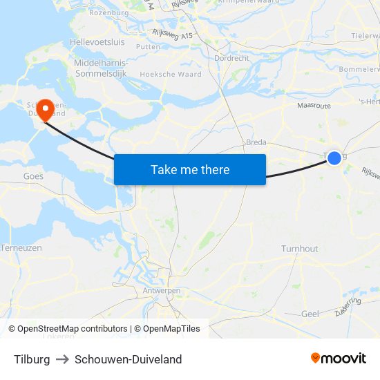 Tilburg to Schouwen-Duiveland map