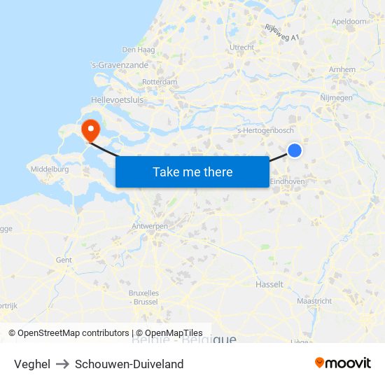 Veghel to Schouwen-Duiveland map