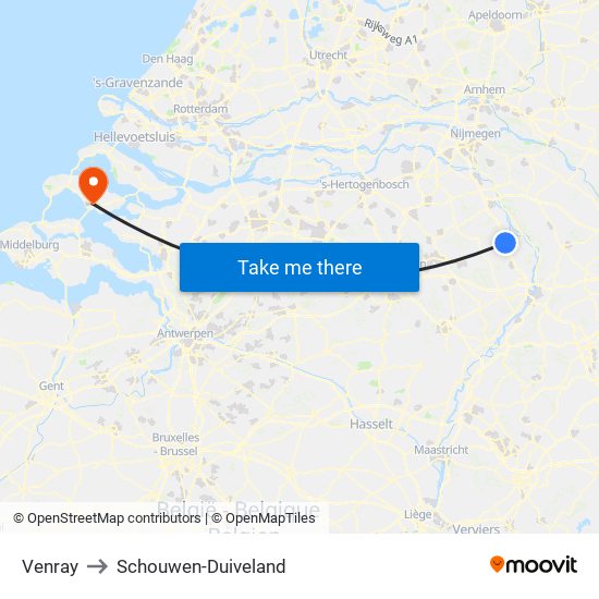 Venray to Schouwen-Duiveland map