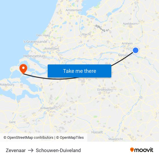 Zevenaar to Schouwen-Duiveland map