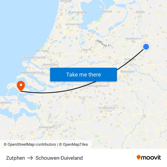 Zutphen to Schouwen-Duiveland map