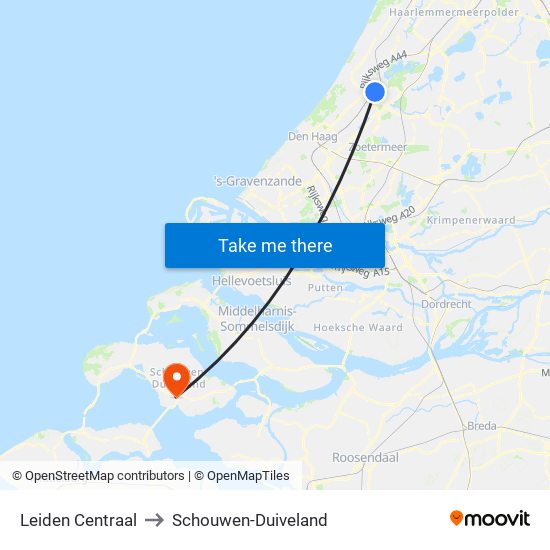 Leiden Centraal to Schouwen-Duiveland map