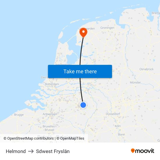 Helmond to Sdwest Fryslân map