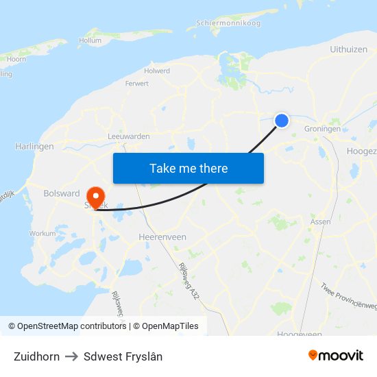 Zuidhorn to Sdwest Fryslân map