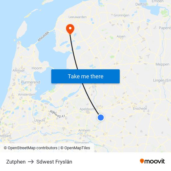 Zutphen to Sdwest Fryslân map