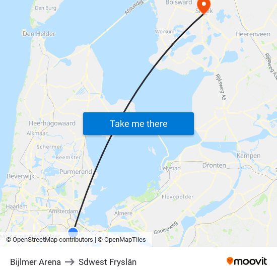 Bijlmer Arena to Sdwest Fryslân map