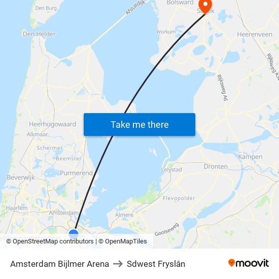 Amsterdam Bijlmer Arena to Sdwest Fryslân map