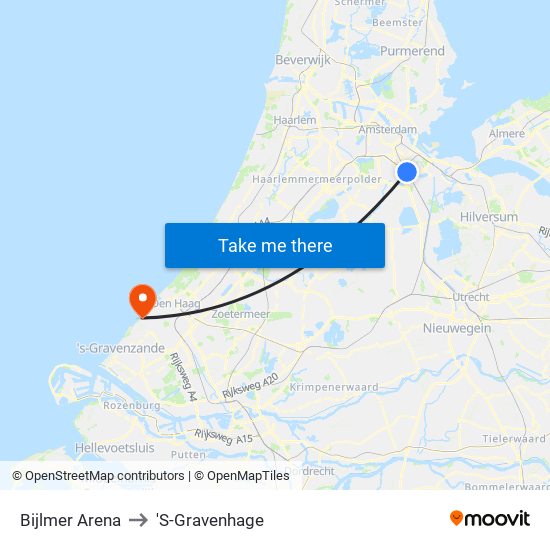 Bijlmer Arena to 'S-Gravenhage map