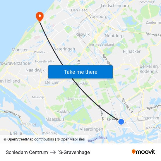 Schiedam Centrum to 'S-Gravenhage map