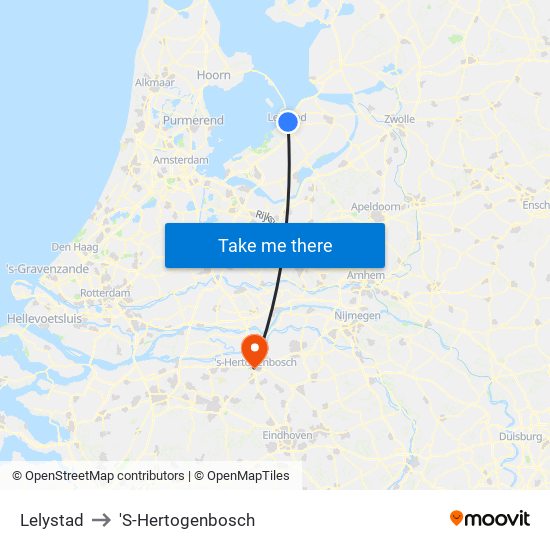 Lelystad to 'S-Hertogenbosch map