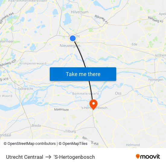 Utrecht Centraal to 'S-Hertogenbosch map