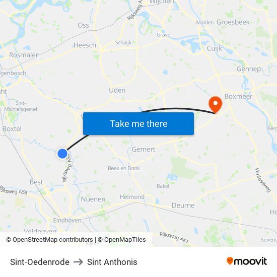 Sint-Oedenrode to Sint Anthonis map