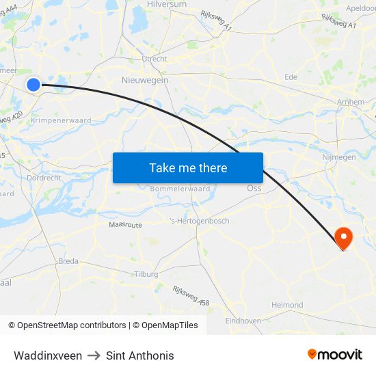 Waddinxveen to Sint Anthonis map