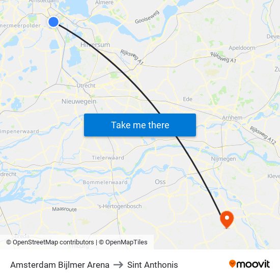 Amsterdam Bijlmer Arena to Sint Anthonis map