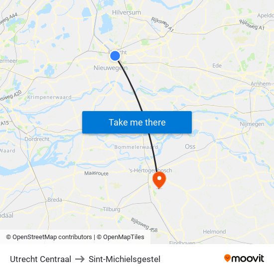 Utrecht Centraal to Sint-Michielsgestel map